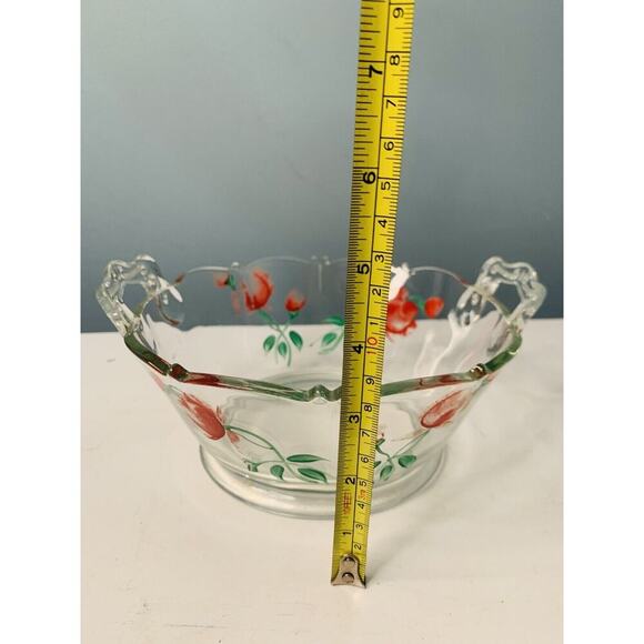 Hand Painted Red Rose Clear Glass Bowl Basket w/ Handles Flower Design - Picture 3 of 10
